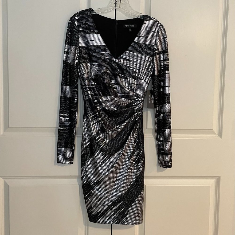 BNWT Guess Foil-Knit Long-Sleeved Sheath Mini Dress Size 0 Black/Metallic/Silver